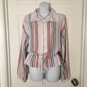 Pinstripe Long Sleeve Button Up Tie Waist Top